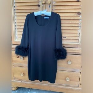 Calvin Klein “little black dress” with long sleeves and feather cuffs, sz 4